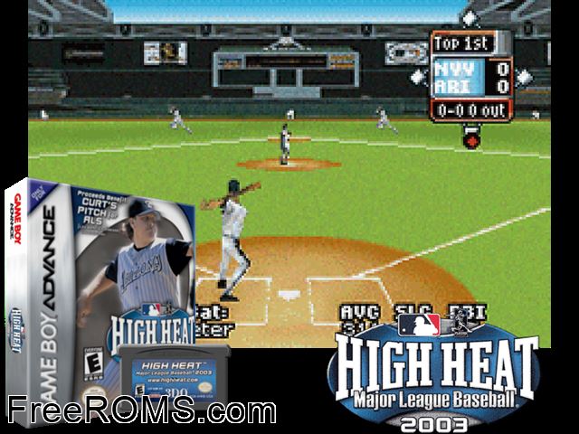 High Heat Major League Baseball 2003 Gameboy Advance game showing 3D box cover and gameplay screenshot
